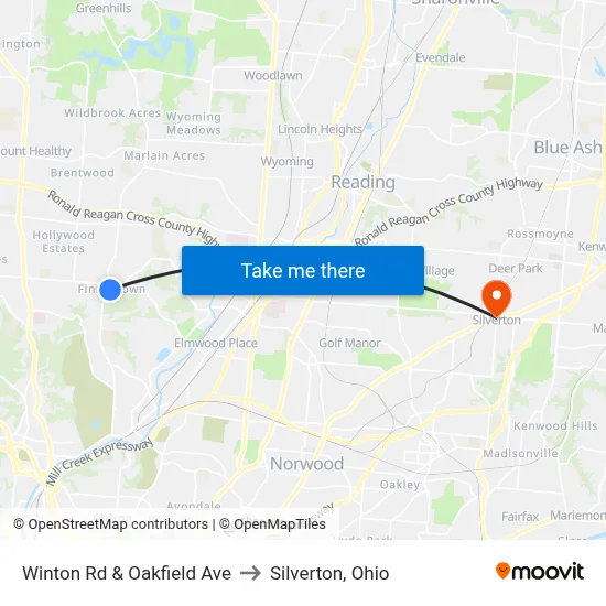 Winton Rd & Oakfield Ave to Silverton, Ohio map