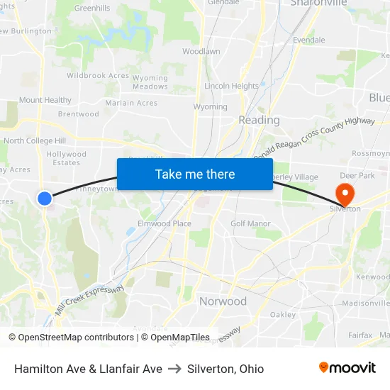 Hamilton Ave & Llanfair Ave to Silverton, Ohio map