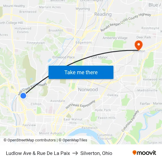 Ludlow Ave & Rue De La Paix to Silverton, Ohio map