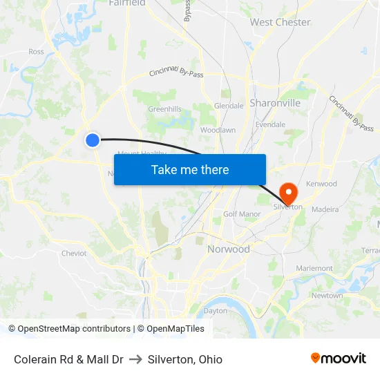 Colerain Rd & Mall Dr to Silverton, Ohio map