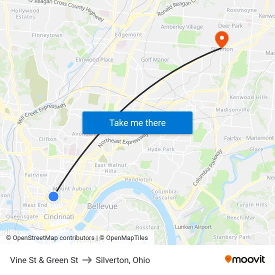 Vine St & Green St to Silverton, Ohio map