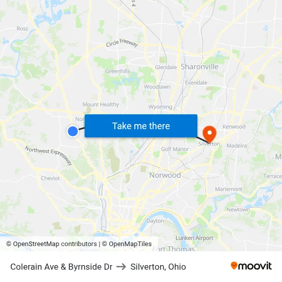 Colerain Ave & Byrnside Dr to Silverton, Ohio map
