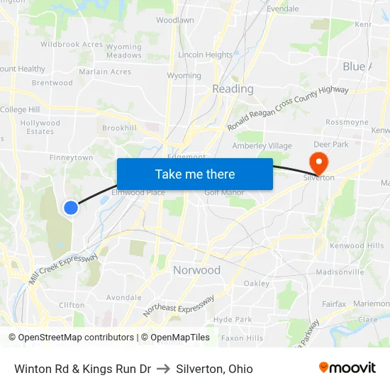 Winton Rd & Kings Run Dr to Silverton, Ohio map