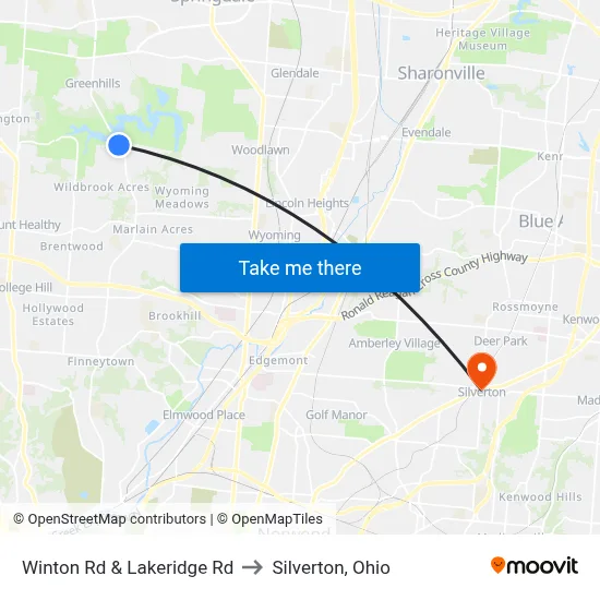 Winton Rd & Lakeridge Rd to Silverton, Ohio map