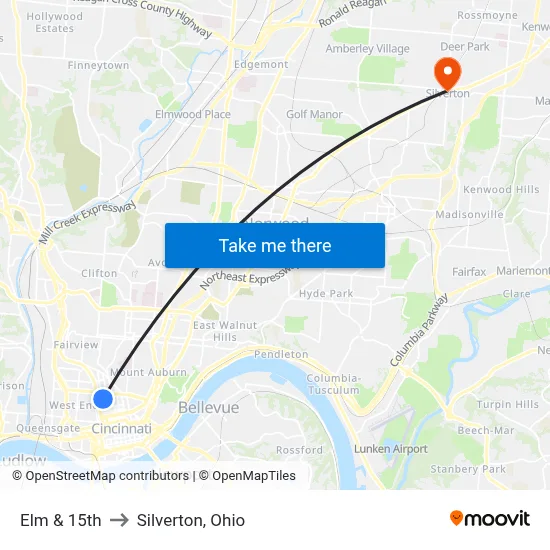 Elm & 15th to Silverton, Ohio map