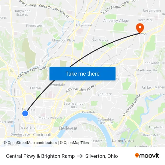 Central Pkwy & Brighton Ramp to Silverton, Ohio map
