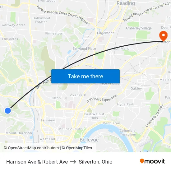 Harrison Ave & Robert Ave to Silverton, Ohio map