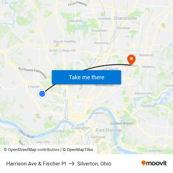 Harrison Ave & Fischer Pl to Silverton, Ohio map