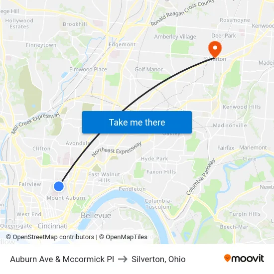 Auburn Ave & Mccormick Pl to Silverton, Ohio map