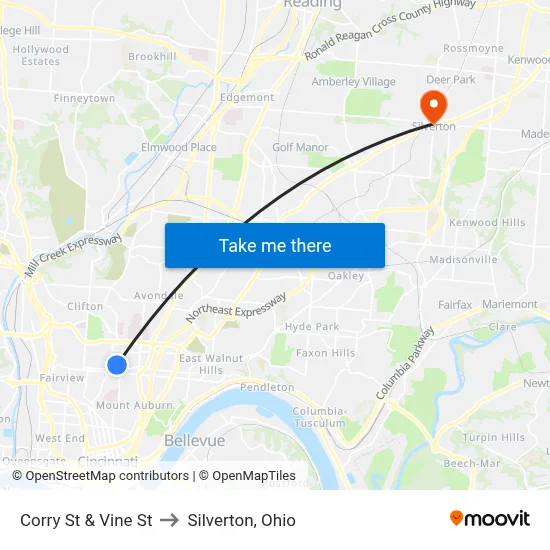 Corry St & Vine St to Silverton, Ohio map