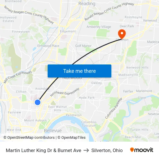 Martin Luther King Dr & Burnet Ave to Silverton, Ohio map