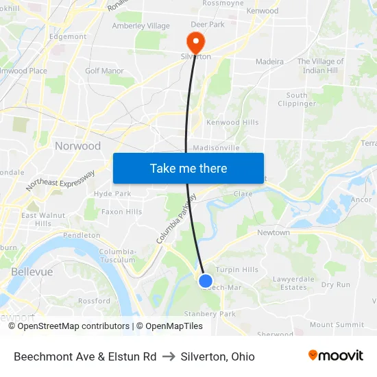 Beechmont Ave & Elstun Rd to Silverton, Ohio map