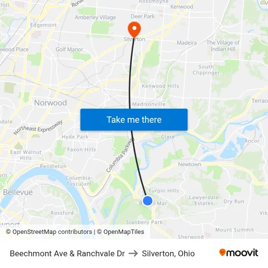 Beechmont Ave & Ranchvale Dr to Silverton, Ohio map