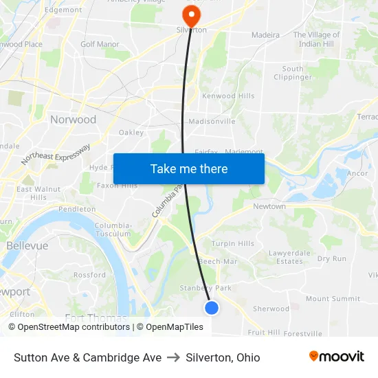 Sutton Ave & Cambridge Ave to Silverton, Ohio map