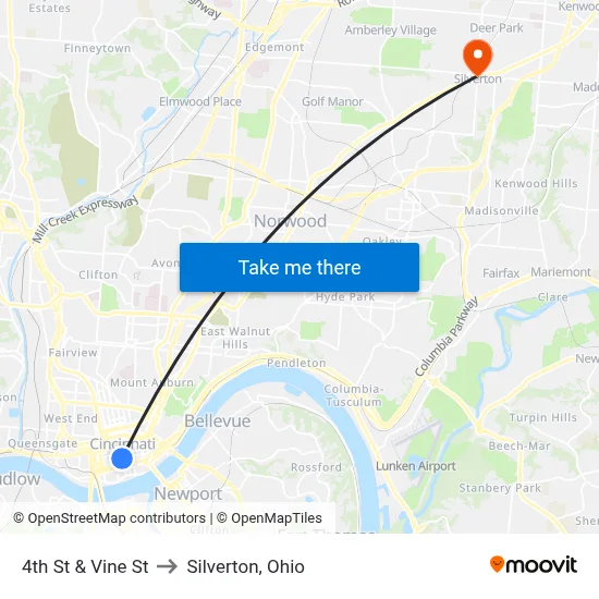 4th St & Vine St to Silverton, Ohio map