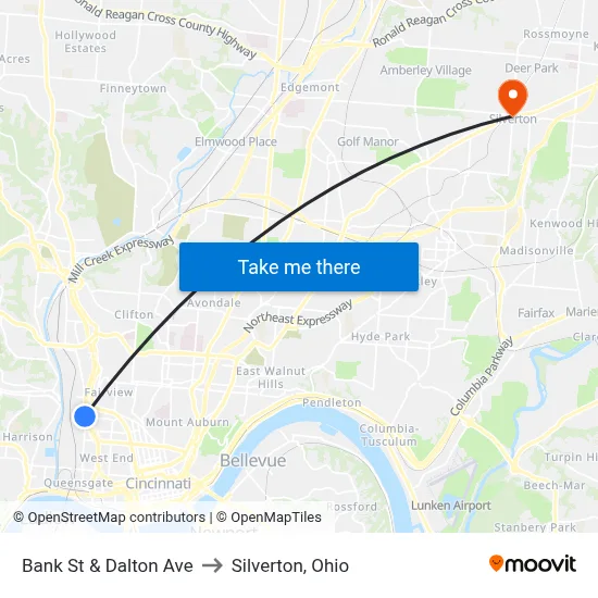 Bank St & Dalton Ave to Silverton, Ohio map