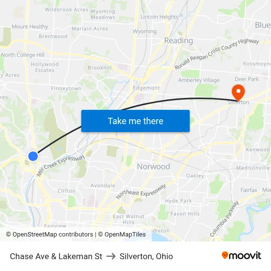 Chase Ave & Lakeman St to Silverton, Ohio map