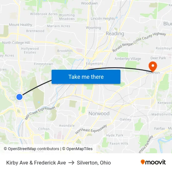 Kirby Ave & Frederick Ave to Silverton, Ohio map