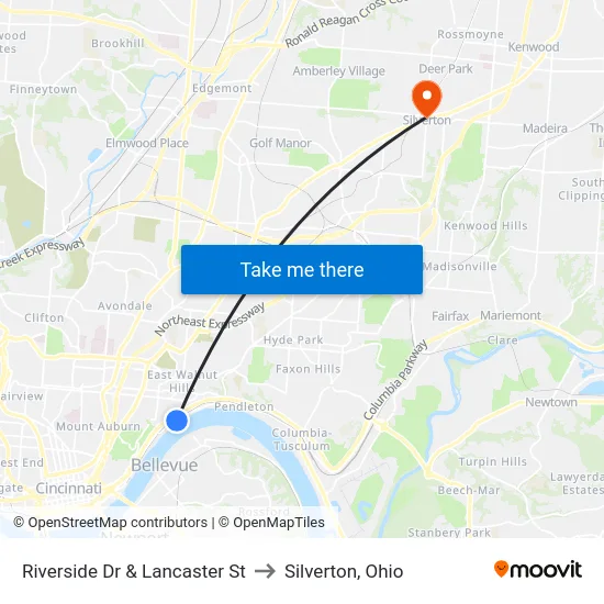 Riverside Dr & Lancaster St to Silverton, Ohio map