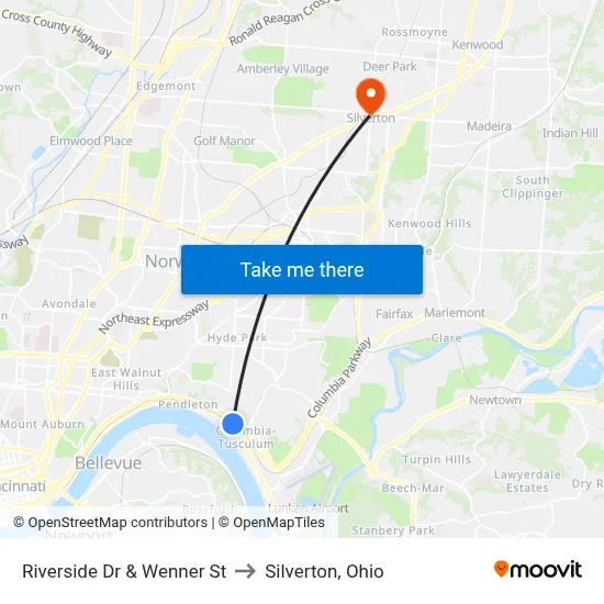 Riverside Dr & Wenner St to Silverton, Ohio map