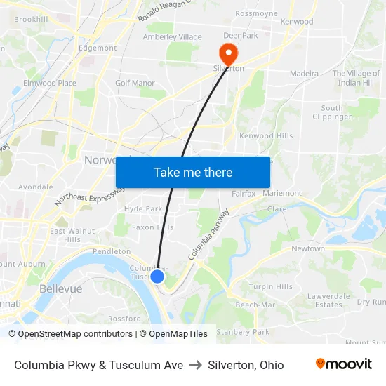 Columbia Pkwy & Tusculum Ave to Silverton, Ohio map