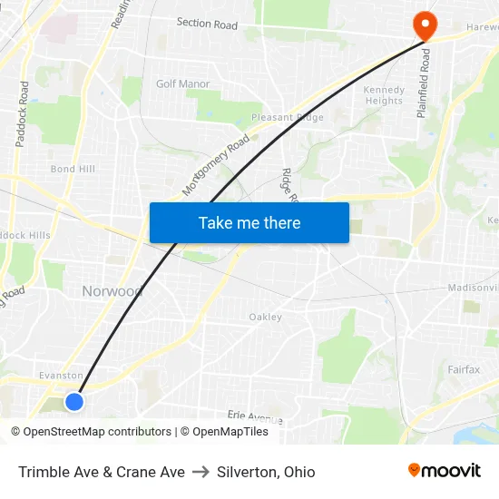 Trimble Ave & Crane Ave to Silverton, Ohio map