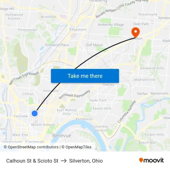 Calhoun St & Scioto St to Silverton, Ohio map