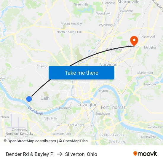 Bender Rd & Bayley Pl to Silverton, Ohio map