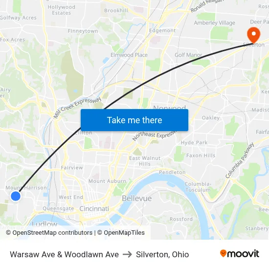 Warsaw Ave & Woodlawn Ave to Silverton, Ohio map