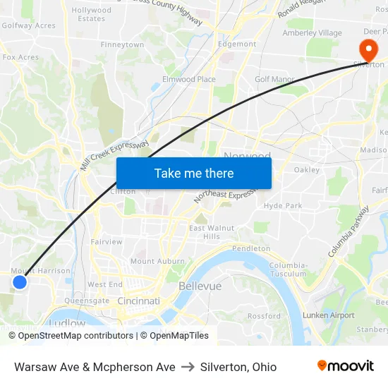 Warsaw Ave & Mcpherson Ave to Silverton, Ohio map