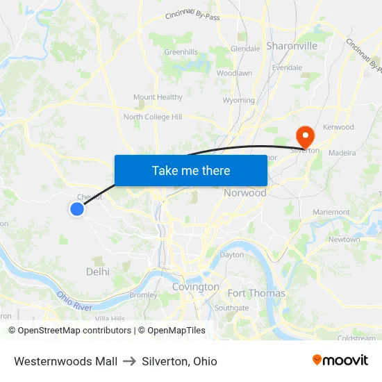 Westernwoods Mall to Silverton, Ohio map