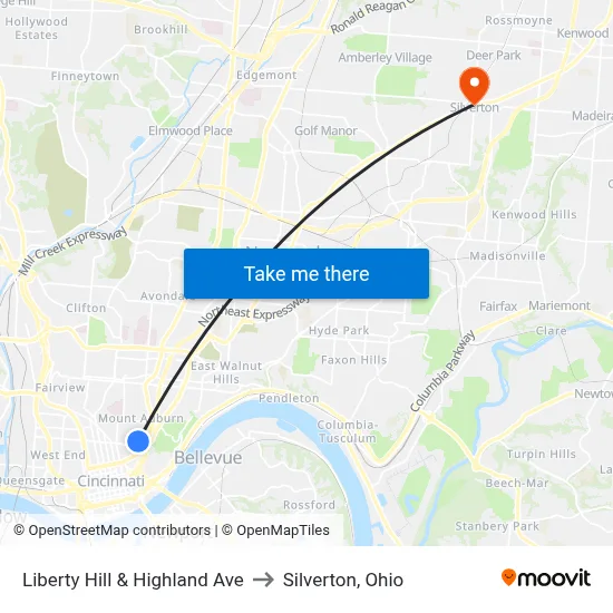 Liberty Hill & Highland Ave to Silverton, Ohio map