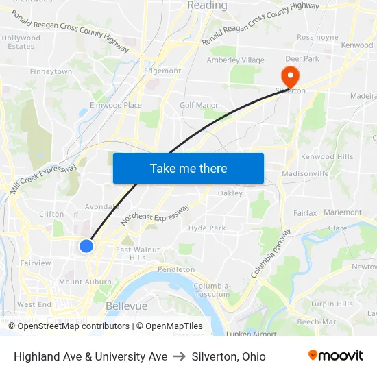Highland Ave & University Ave to Silverton, Ohio map
