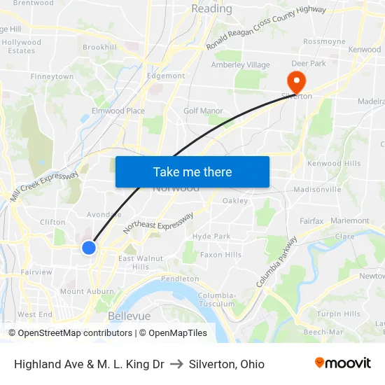 Highland Ave & M. L. King Dr to Silverton, Ohio map