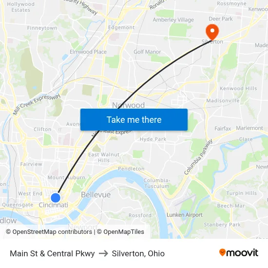 Main St & Central Pkwy to Silverton, Ohio map
