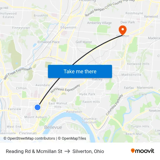 Reading Rd & Mcmillan St to Silverton, Ohio map