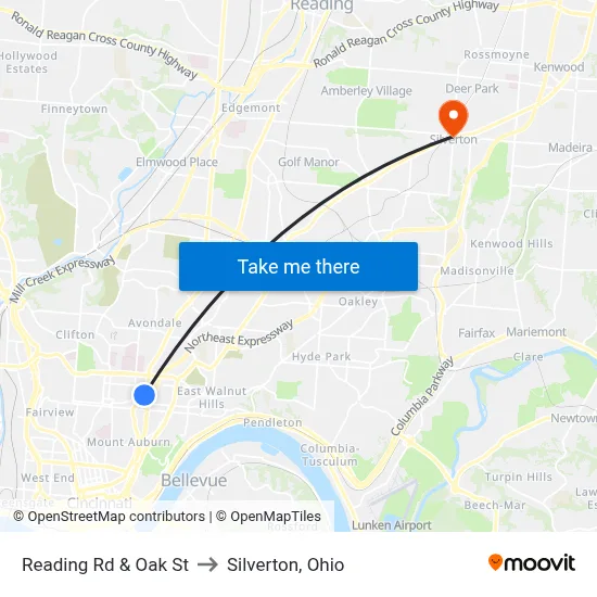 Reading Rd & Oak St to Silverton, Ohio map