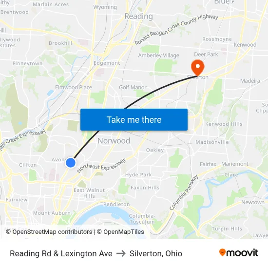 Reading Rd & Lexington Ave to Silverton, Ohio map