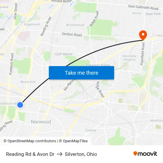 Reading Rd & Avon Dr to Silverton, Ohio map