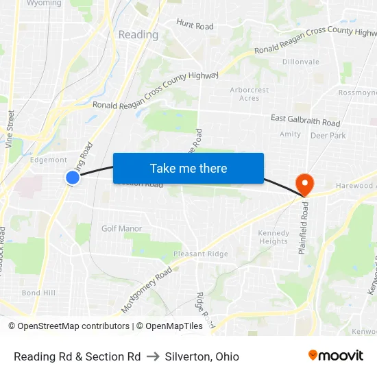 Reading Rd & Section Rd to Silverton, Ohio map