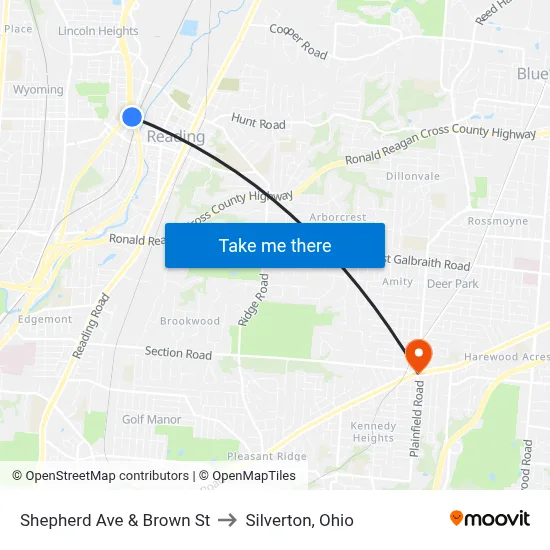 Shepherd Ave & Brown St to Silverton, Ohio map