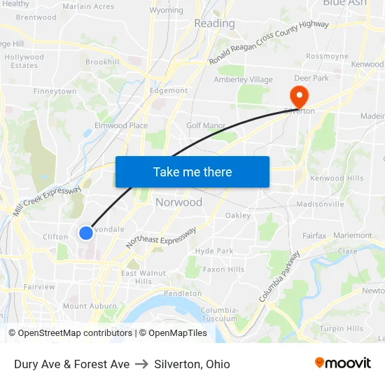 Dury Ave & Forest Ave to Silverton, Ohio map