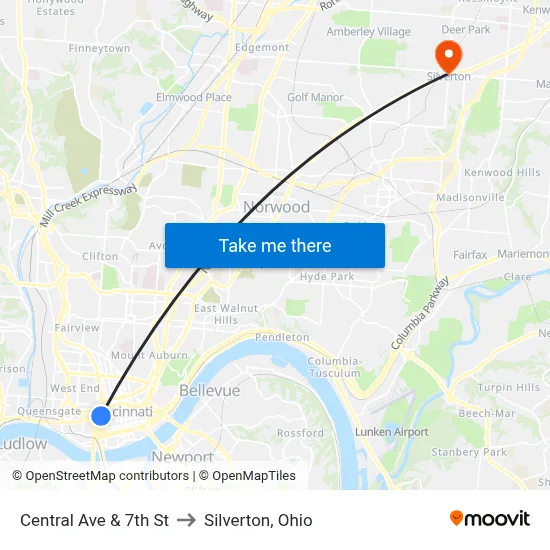 Central Ave & 7th St to Silverton, Ohio map