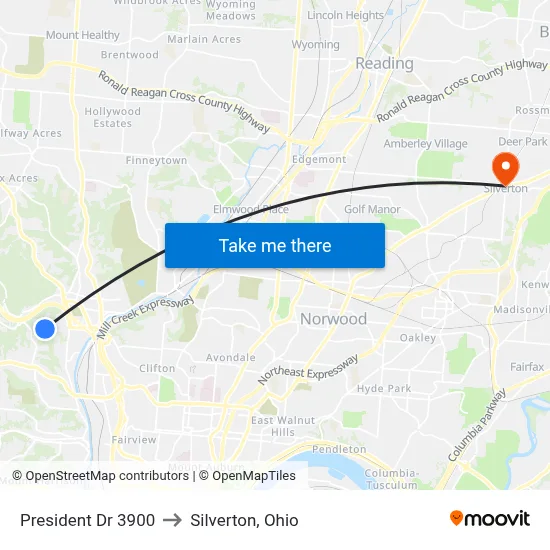 President Dr 3900 to Silverton, Ohio map