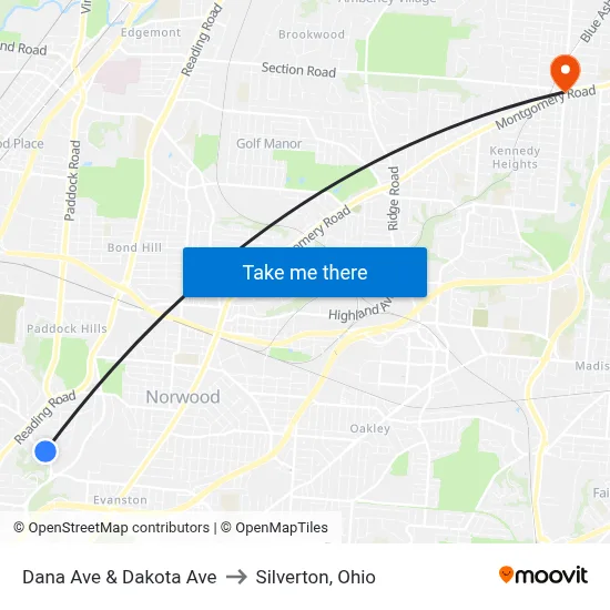 Dana Ave & Dakota Ave to Silverton, Ohio map