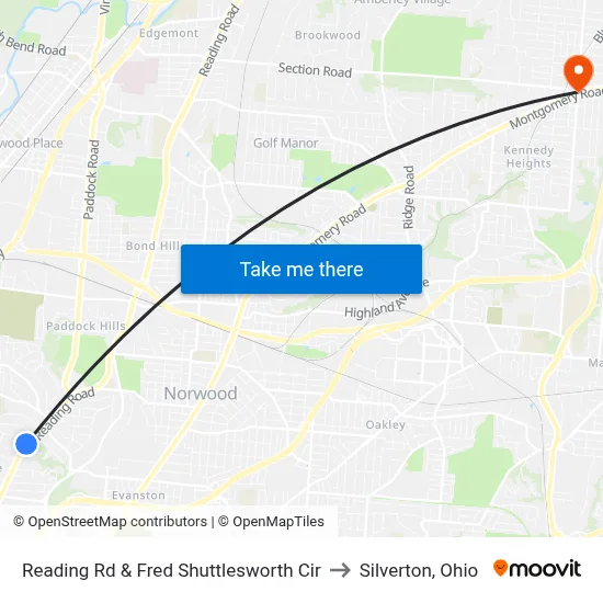 Reading Rd & Fred Shuttlesworth Cir to Silverton, Ohio map
