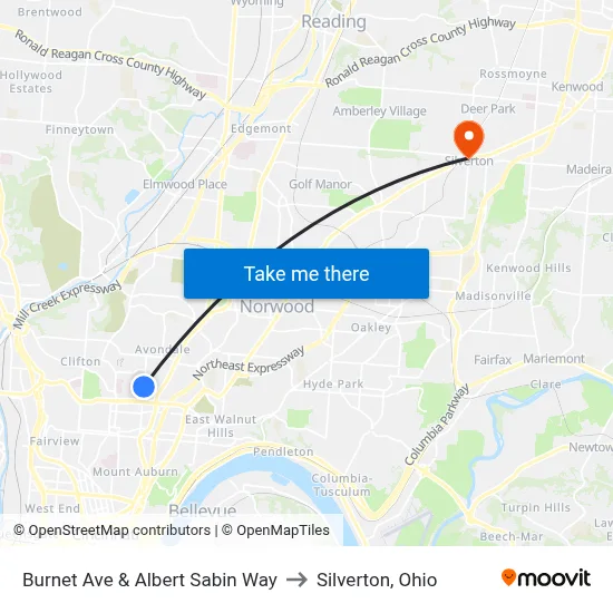Burnet Ave & Albert Sabin Way to Silverton, Ohio map