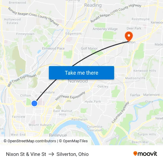 Nixon St & Vine St to Silverton, Ohio map