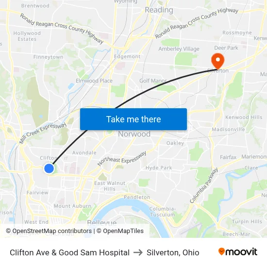Clifton Ave & Good Sam Hospital to Silverton, Ohio map
