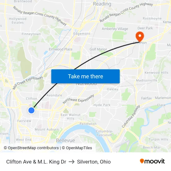 Clifton Ave & M.L. King Dr to Silverton, Ohio map